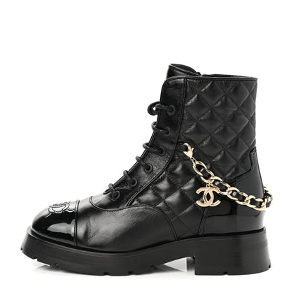 Chanel Shiny Calfskin Patent Quilted Chain Lace Up Combat Boots 35 Black 1 of 8