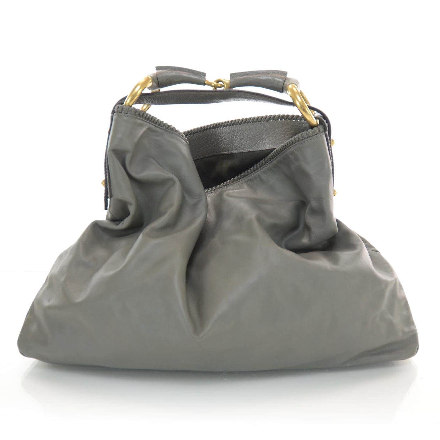 Leather Large Horsebit Chain Hobo Gray