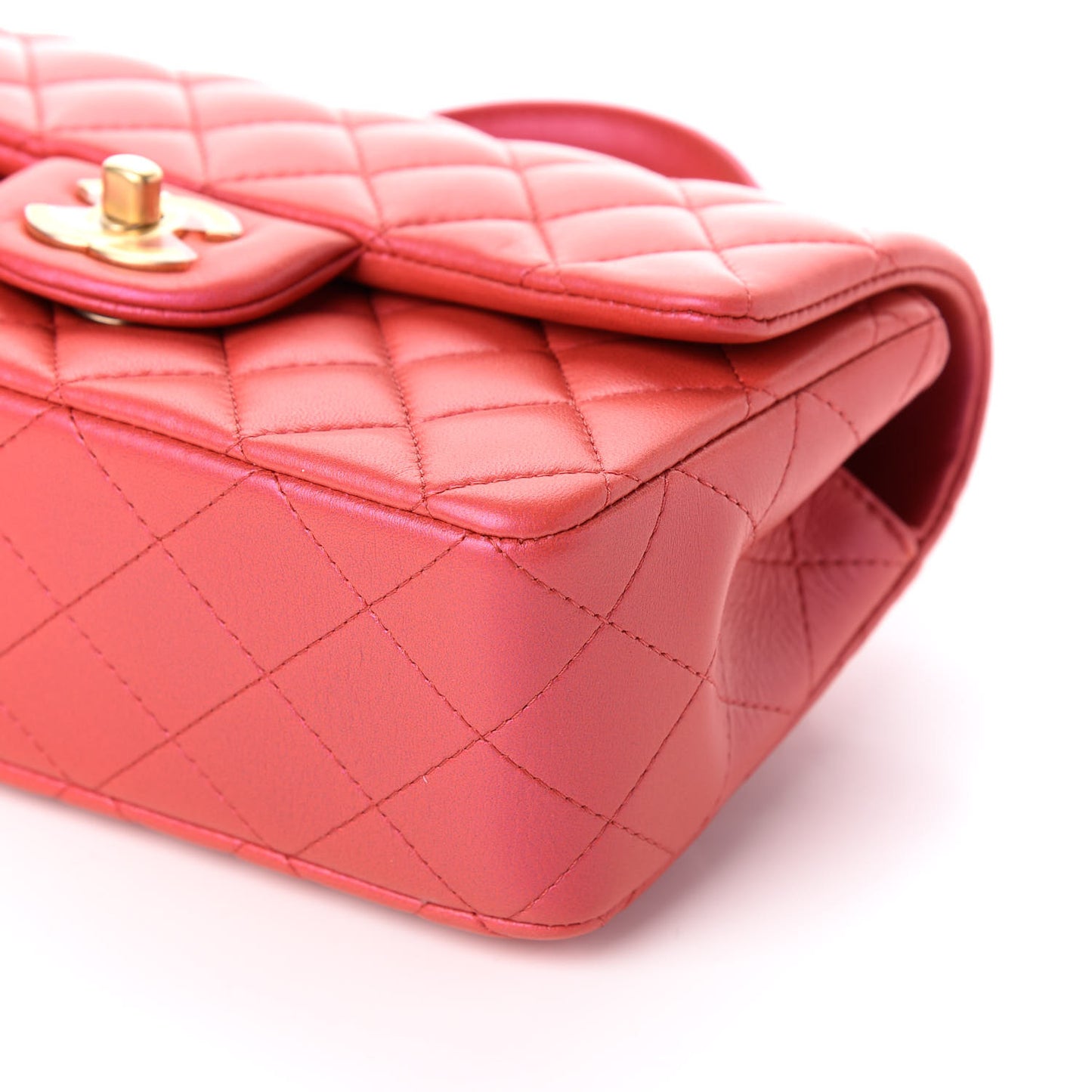 Iridescent Lambskin Quilted Mini Top Handle Rectangular Flap Red
