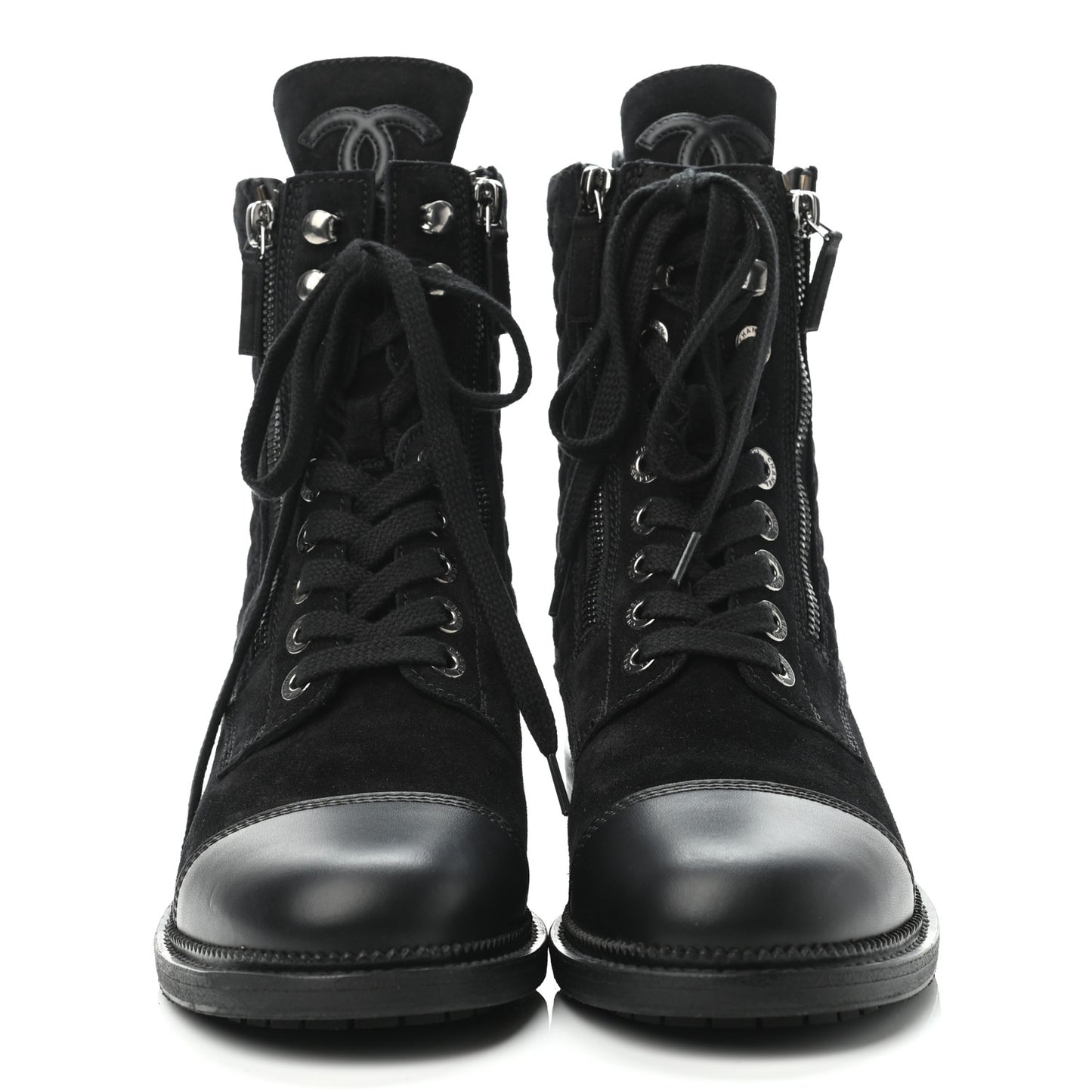 Suede Quilted CC Lace Up Combat Boots 39 Black