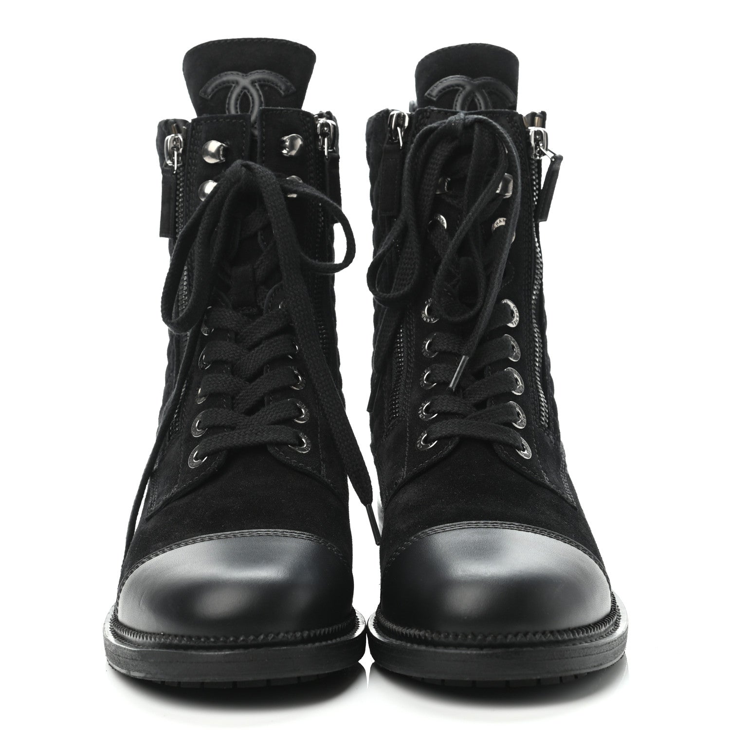 Chanel Suede Quilted CC Lace Up Combat Boots 39 Black 2 of 4