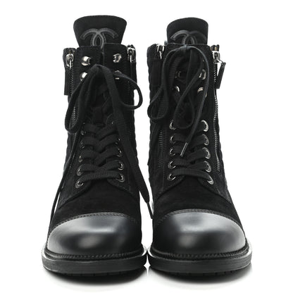 Chanel Suede Quilted CC Lace Up Combat Boots 39 Black 2 of 4