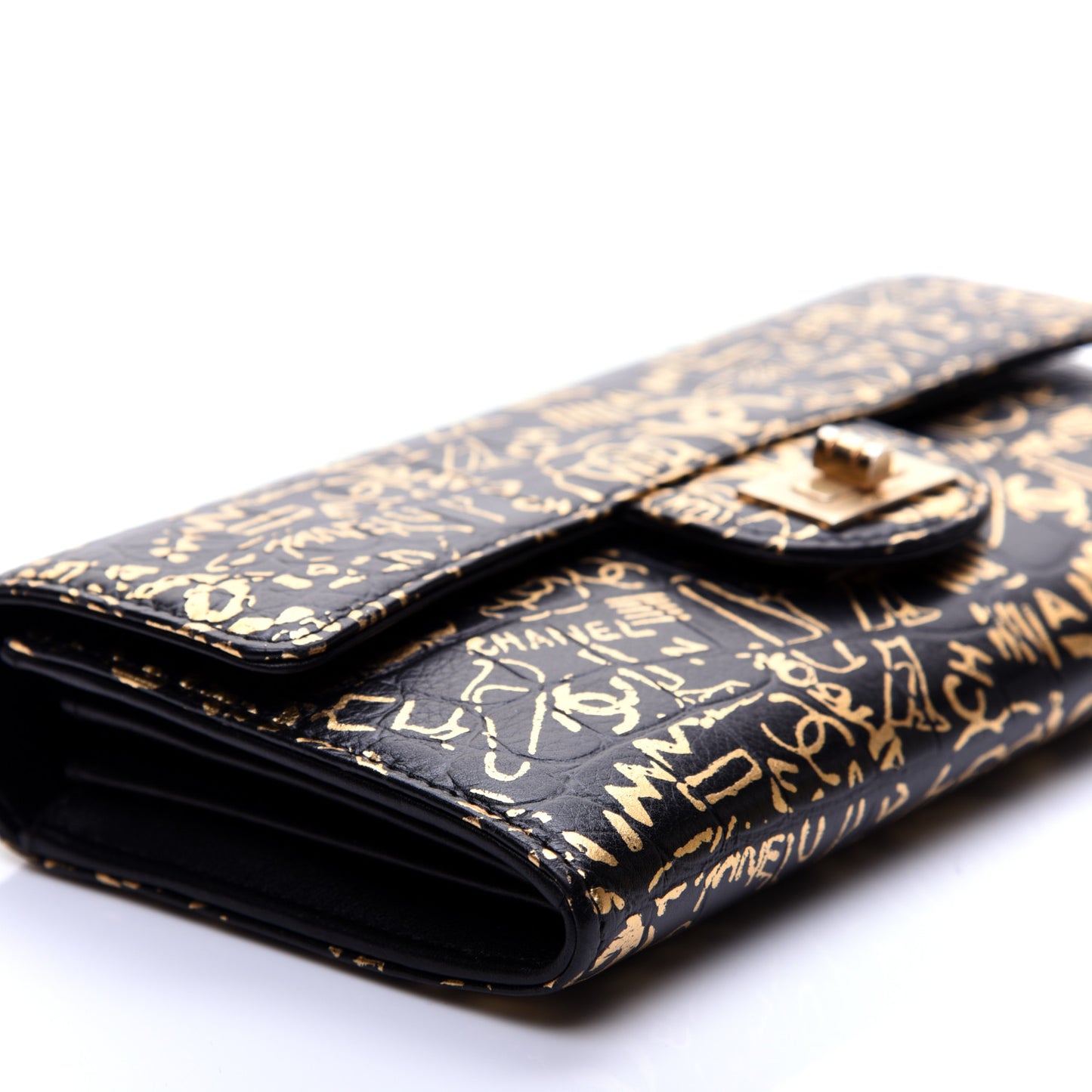 Calfskin Crocodile Embossed Graffiti 2.55 Cocodile Reissue Long Flap Black Gold