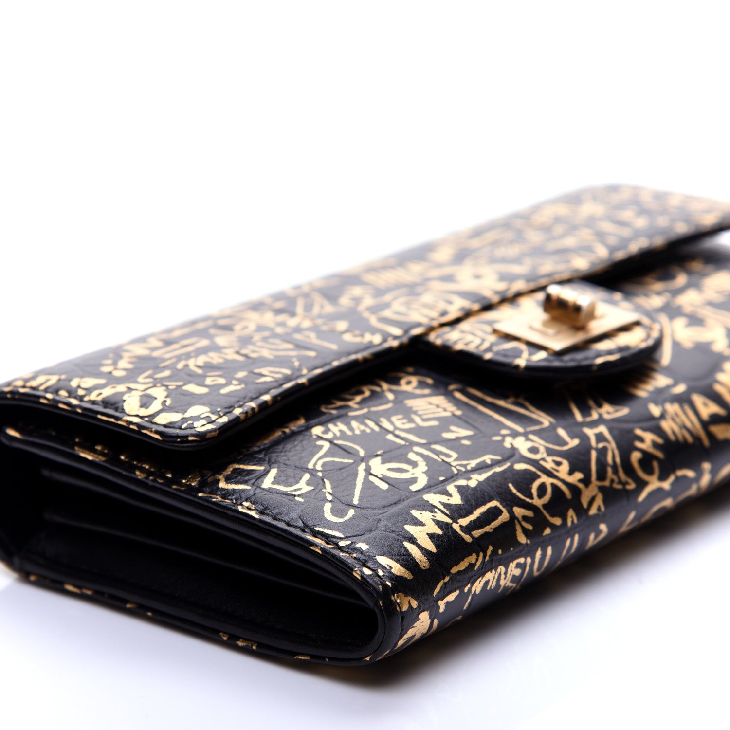 Chanel Calfskin Crocodile Embossed Graffiti 2.55 Cocodile Reissue Long Flap Black Gold 6 of 14