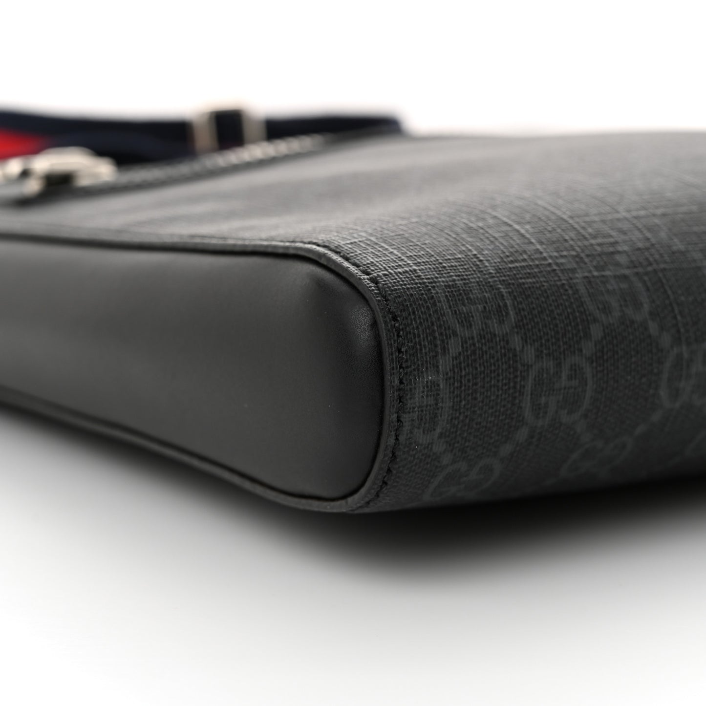 GG Supreme Monogram Appia Calfskin Web Flat Messenger Bag Black Grey