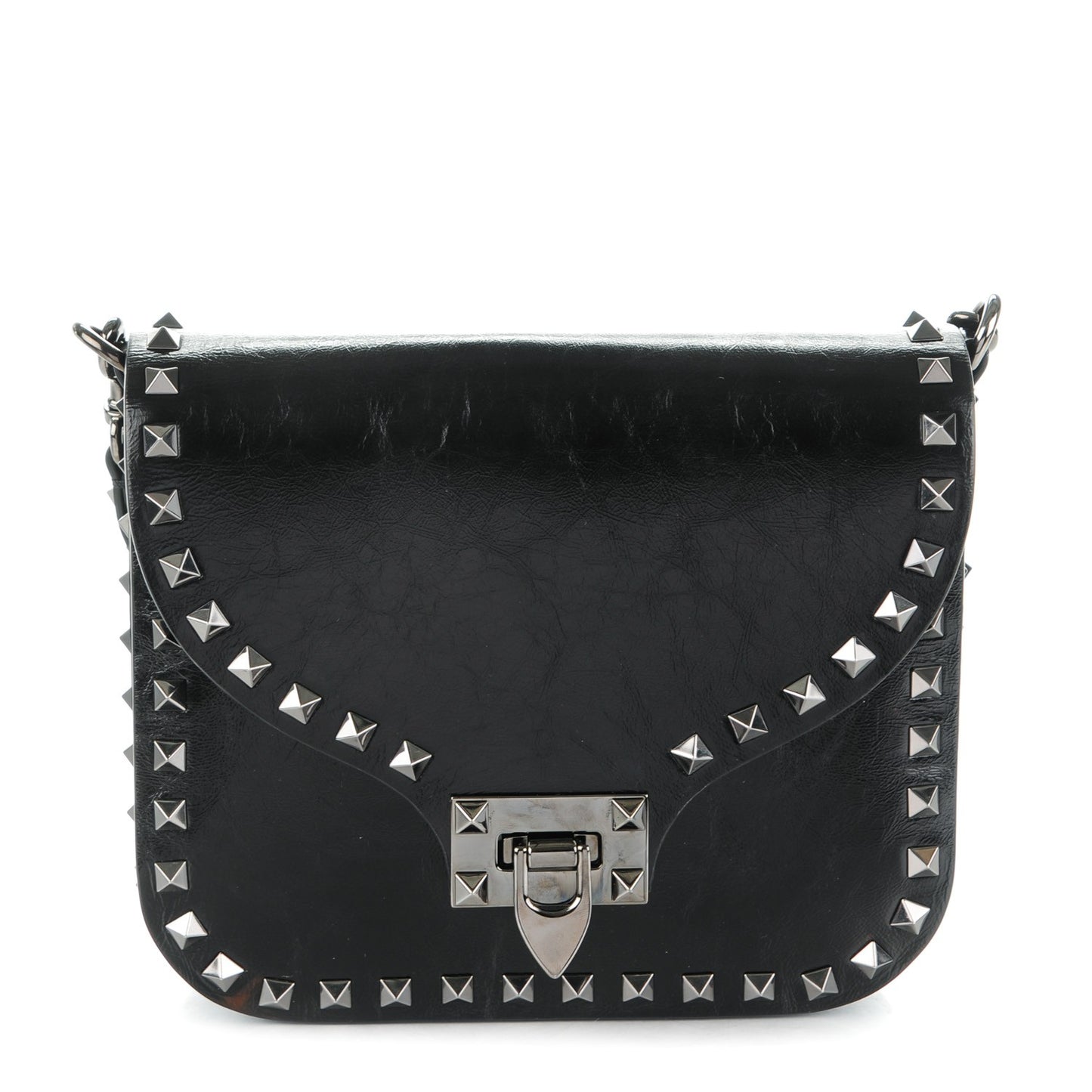 Craquele Calfskin Rockstud Shoulder Flap Messenger Bag Black