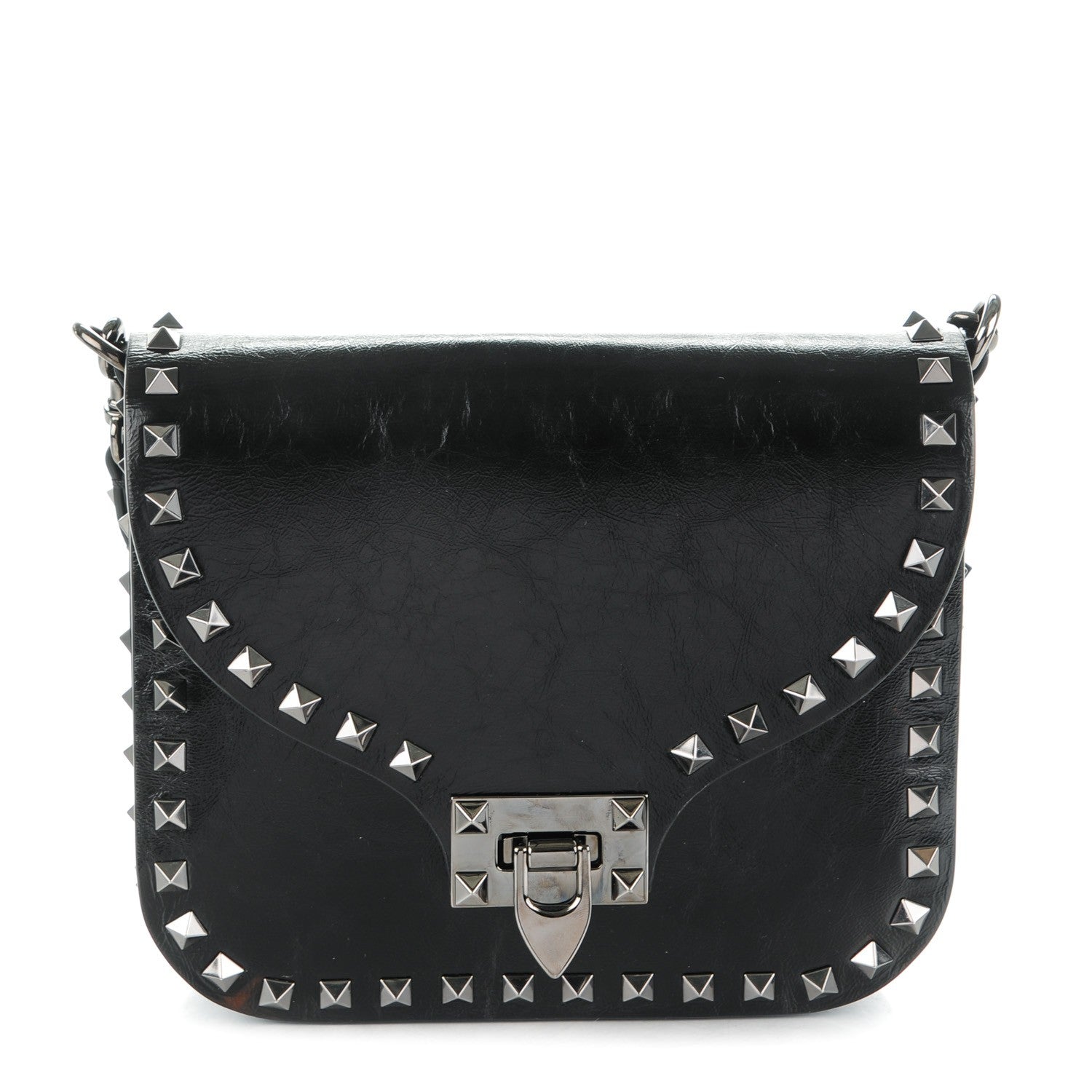 Valentino Garavani Craquele Calfskin Rockstud Shoulder Flap Messenger Bag Black 1 of 7