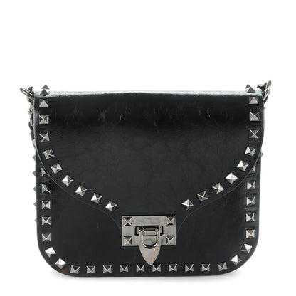 Valentino Garavani Craquele Calfskin Rockstud Shoulder Flap Messenger Bag Black 1 of 7