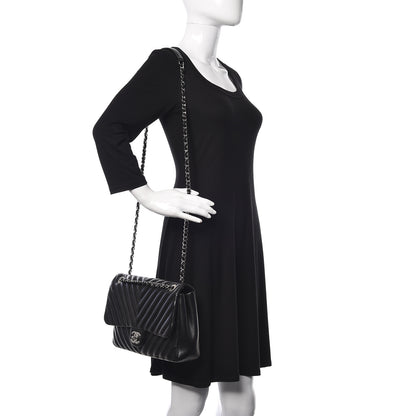 Chanel Lambskin Chevron Quilted Double Stitch Jumbo Single Flap Black 2 of 13