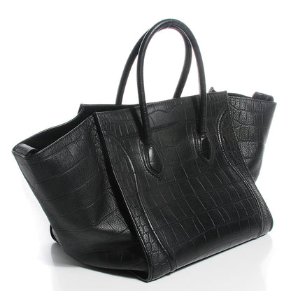 Celine Crocodile Embossed Calfskin Medium Phantom Luggage Black 3 of 9