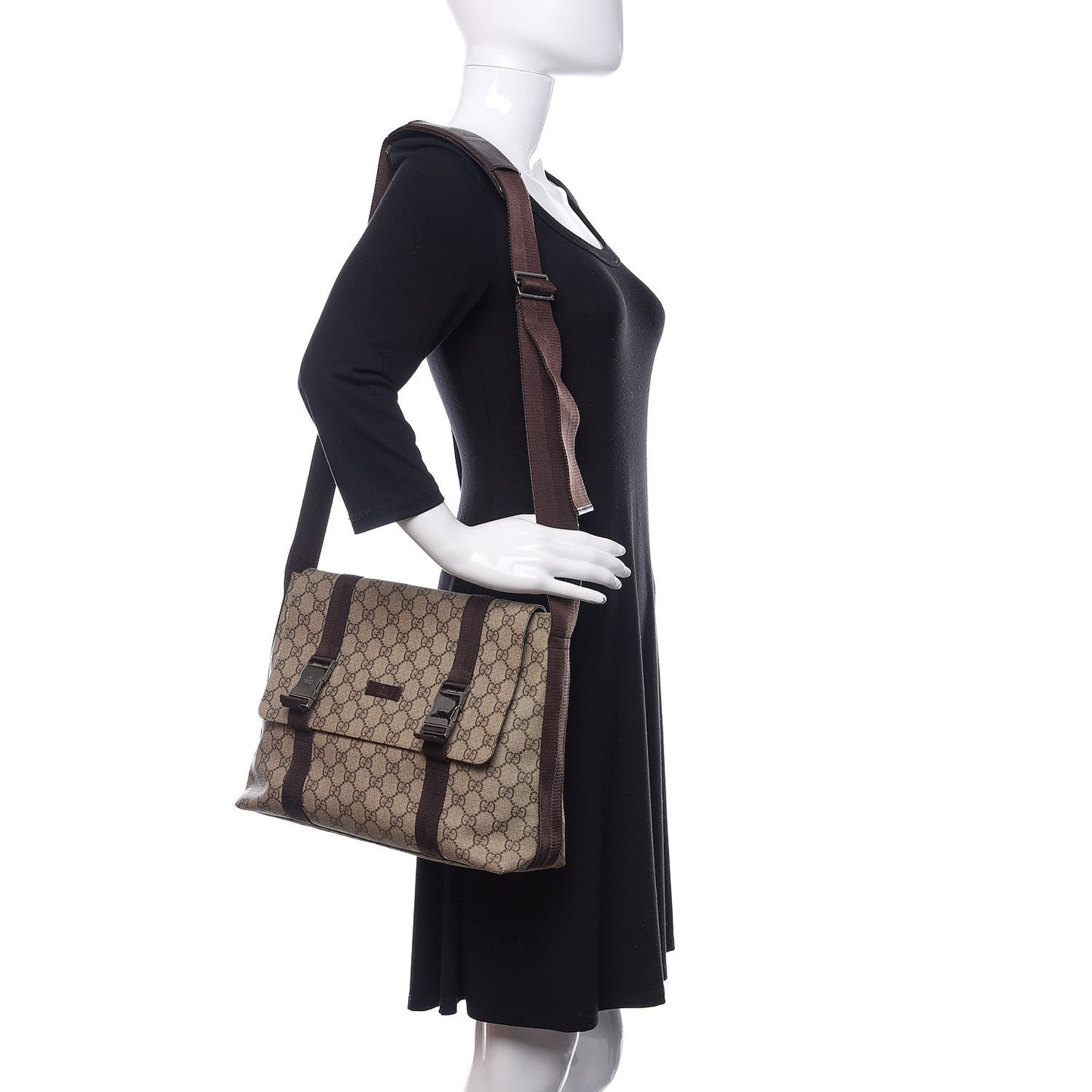 GG Plus Monogram Large Double Buckle Flap Messenger Bag Beige Dark Brown