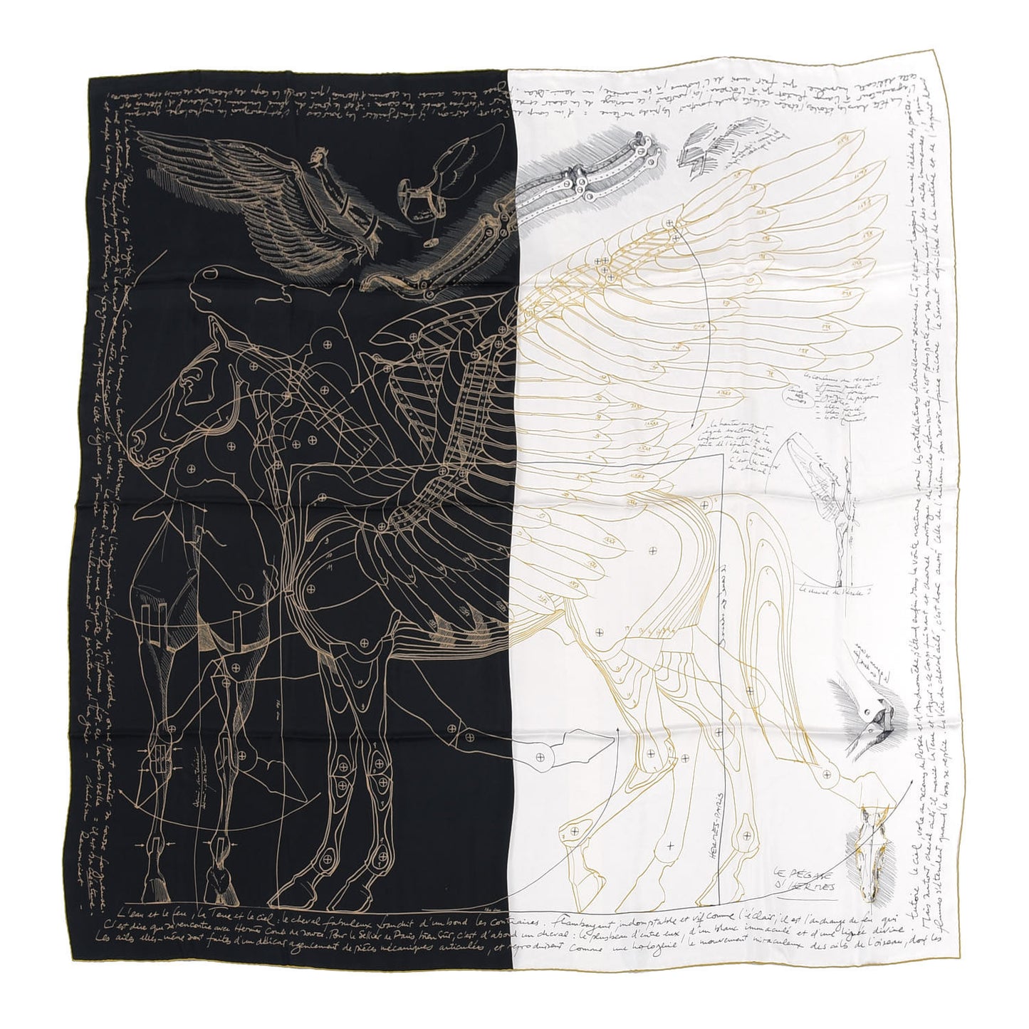 Silk Le Pegase d'Hermes Cut Wash 140 Scarf Black White Or
