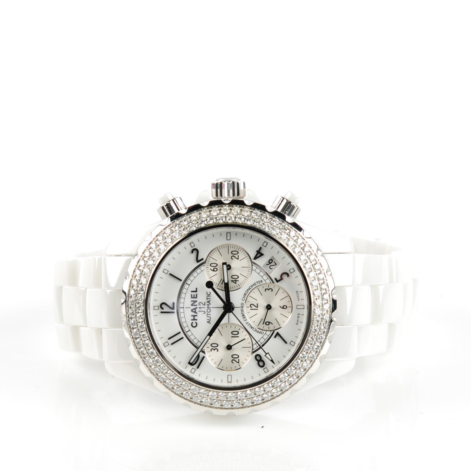 Chanel Stainless Steel Ceramic Diamond Bezel 41mm J12 Chronograph Automatic Watch White 3 of 8