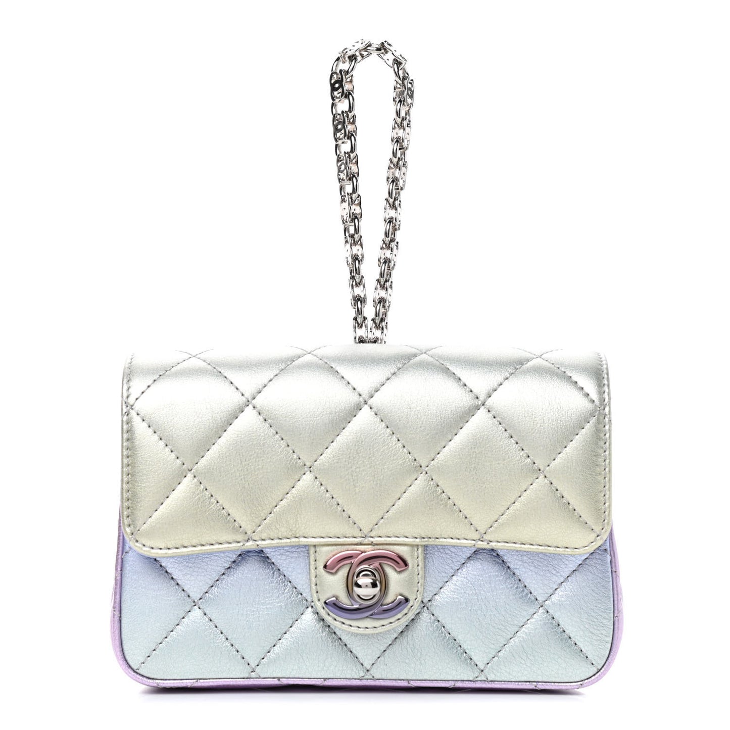 Gradient Metallic Calfskin Quilted Clutch Silver Blue Yellow Purple