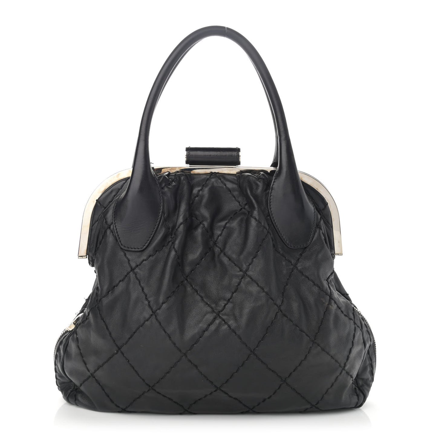 Calfskin Stitched Expandable Frame Bag Black