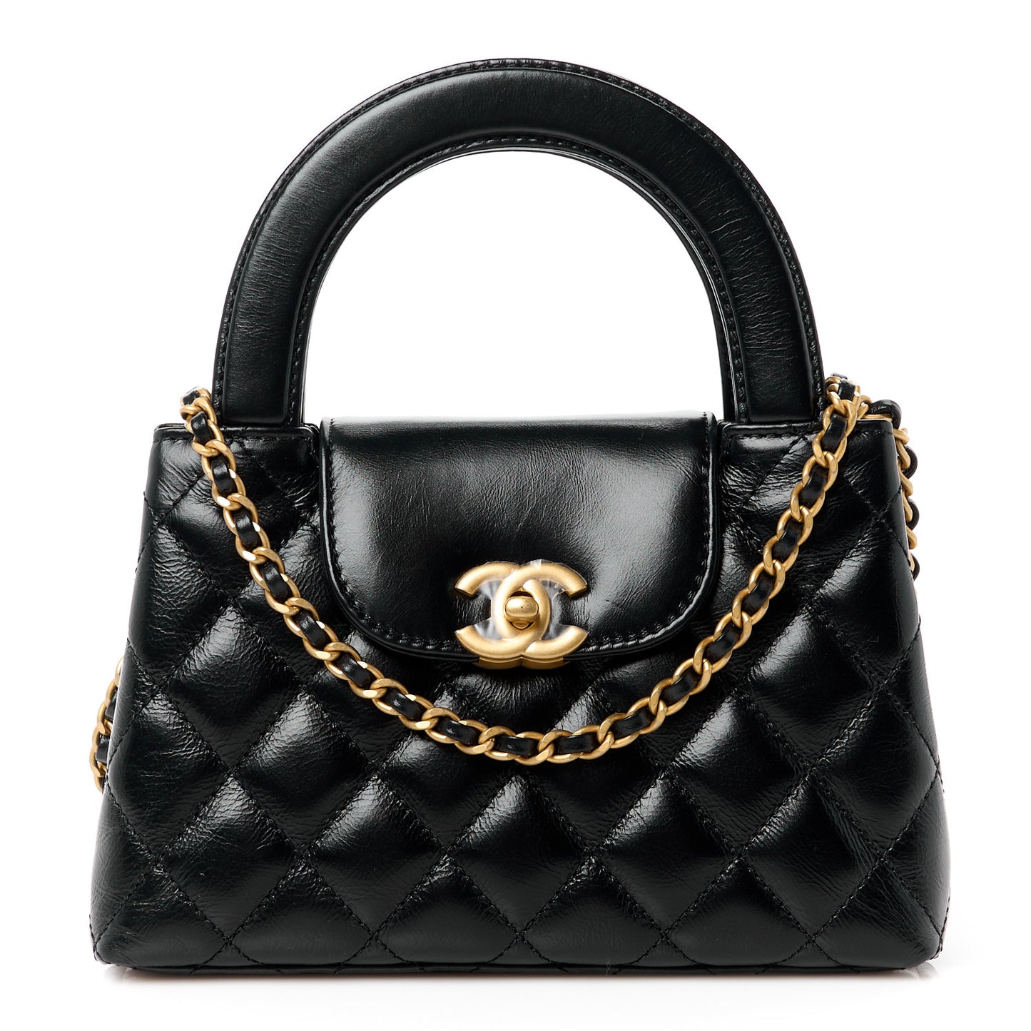 Shiny Aged Calfskin Quilted Nano Kelly Shopper Black