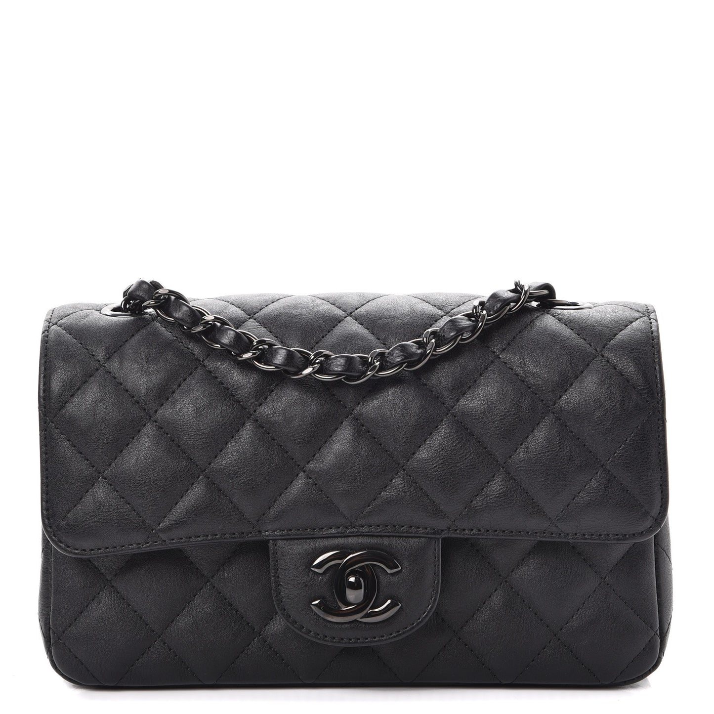 Crumpled Calfskin Quilted Mini Rectangular Flap So Black