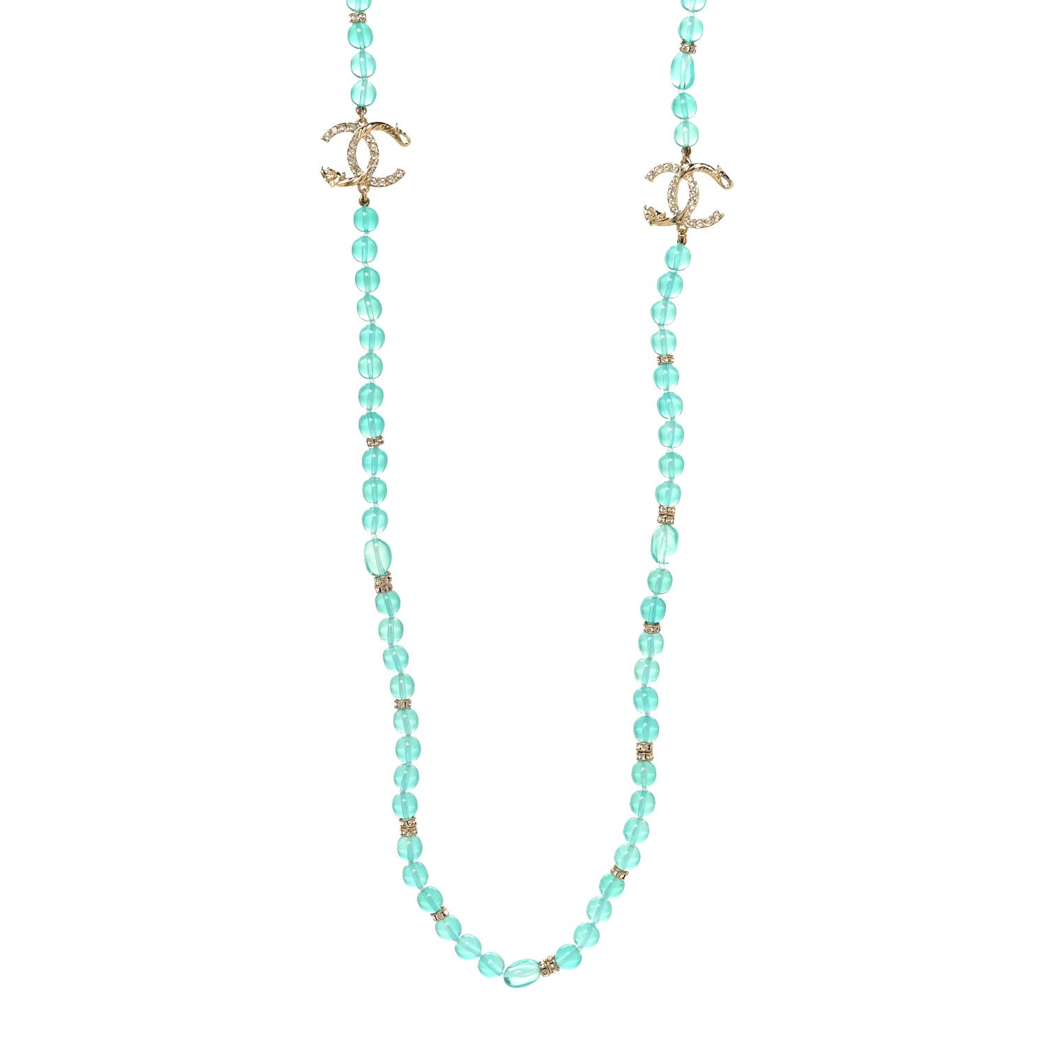 Chanel Crystal Stone CC Long Necklace Blue Gold 1 of 5