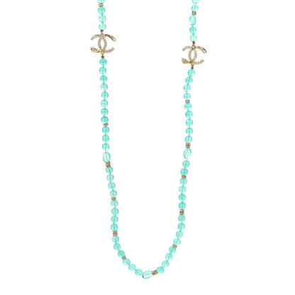 Chanel Crystal Stone CC Long Necklace Blue Gold 1 of 5