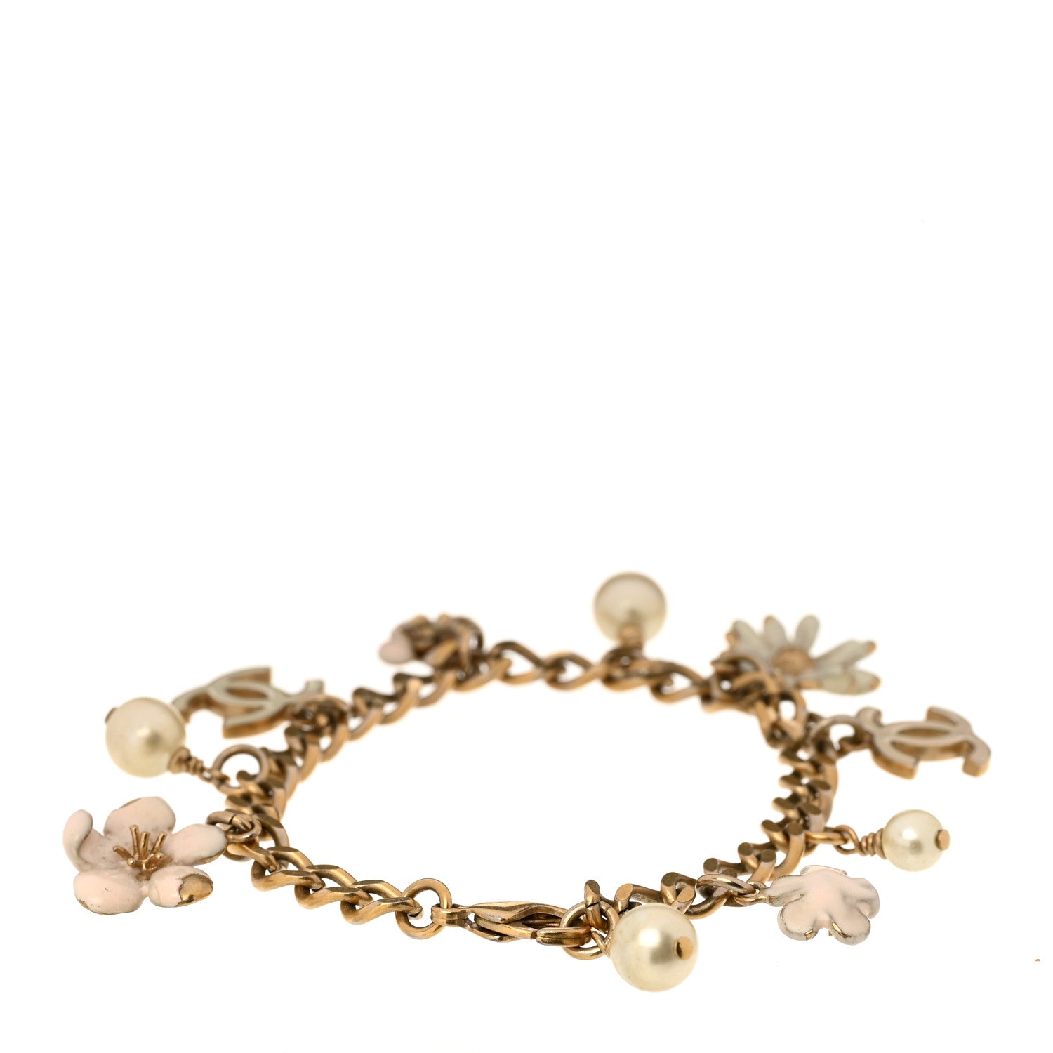 Chanel Pearl CC Camellia Charm Bracelet Beige Gold 3 of 5