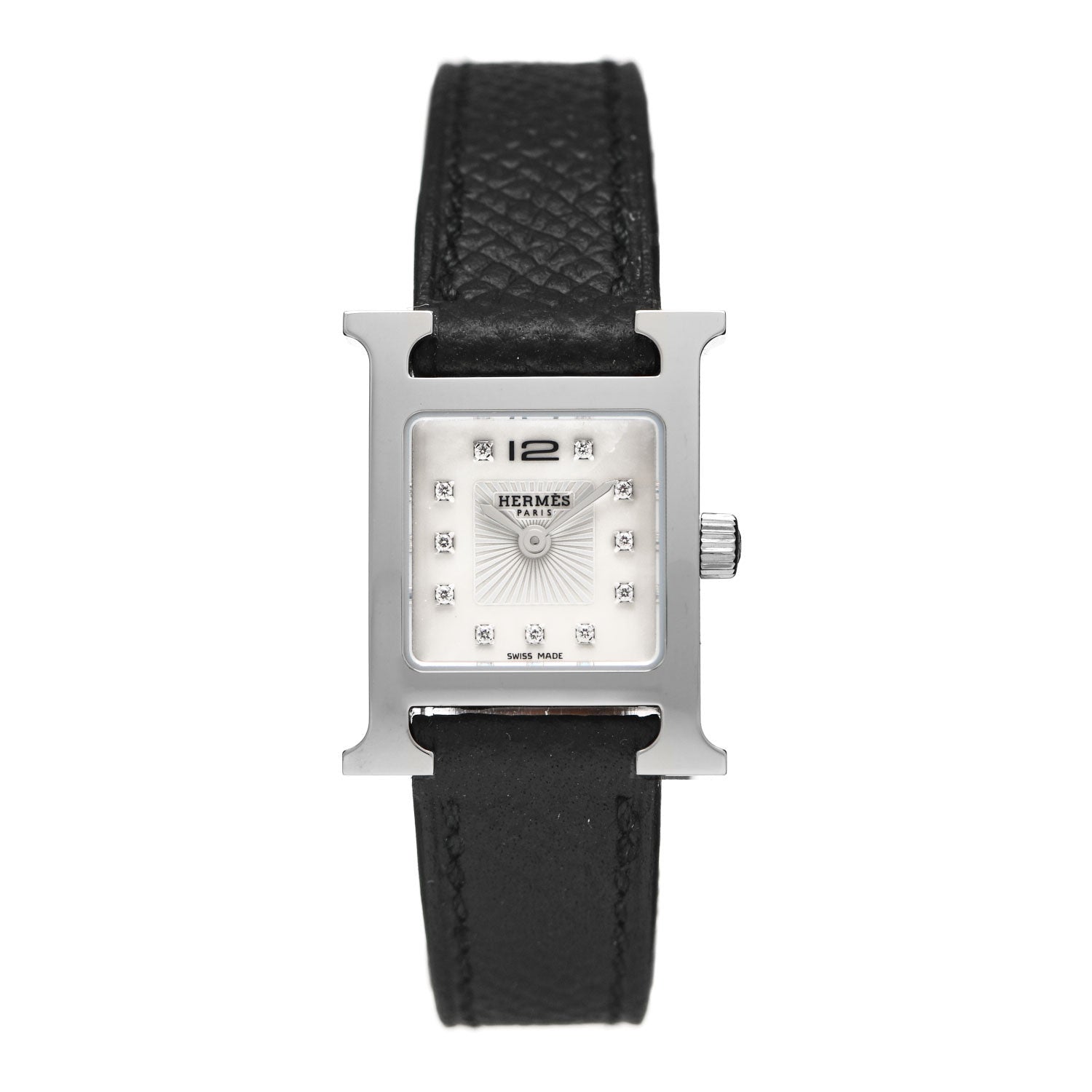 Hermes Stainless Steel Epsom Diamond Mother of Pearl 17.2mm Heure H Hour Quartz Watch Noir 1 of 5