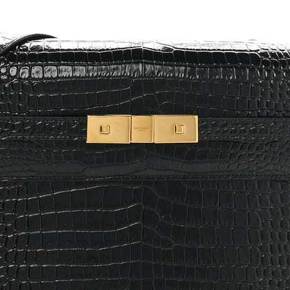 Saint Laurent Shiny Calfskin Crocodile Embossed Manhattan Baguette Black 8 of 10