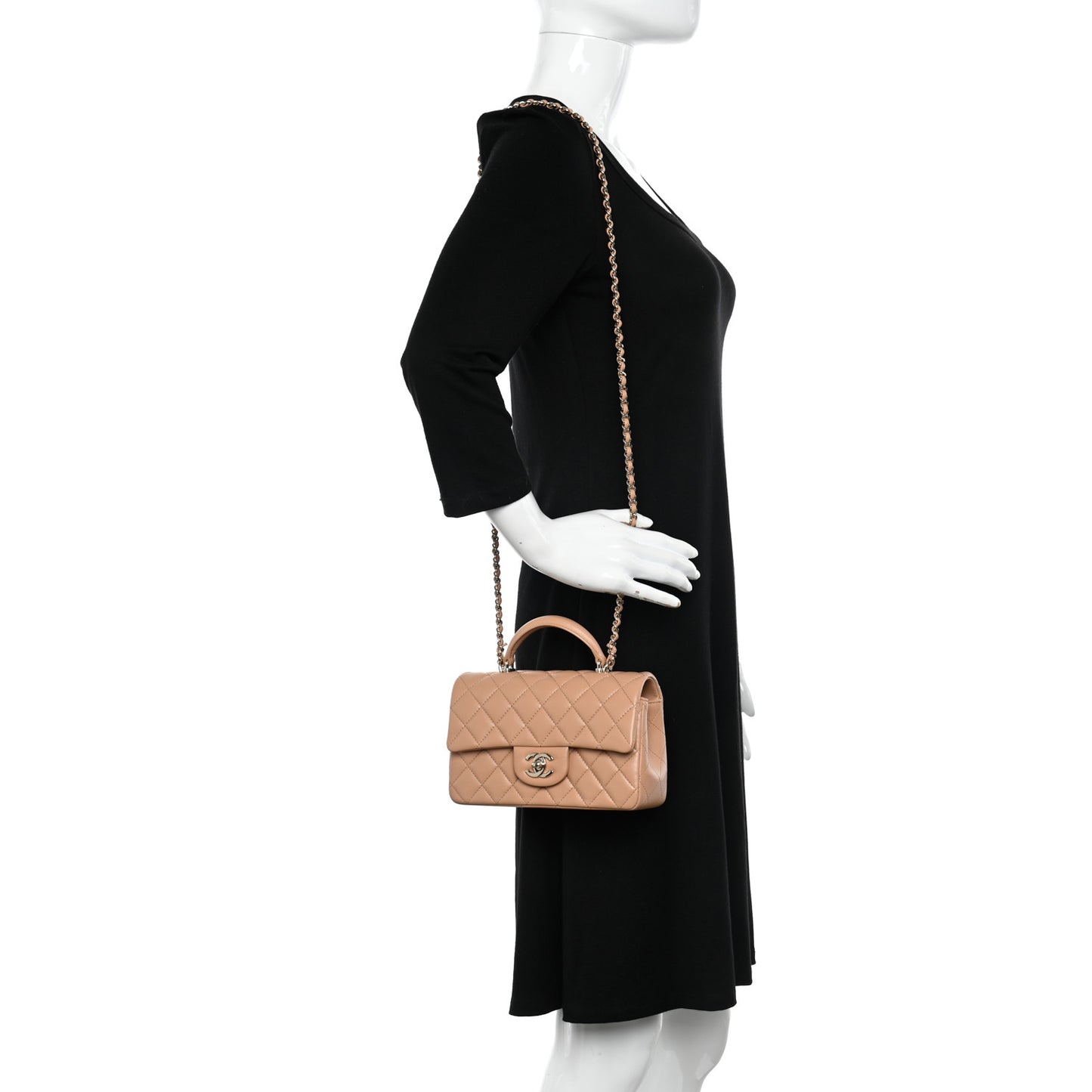 Lambskin Quilted Mini Top Handle Rectangular Flap Beige