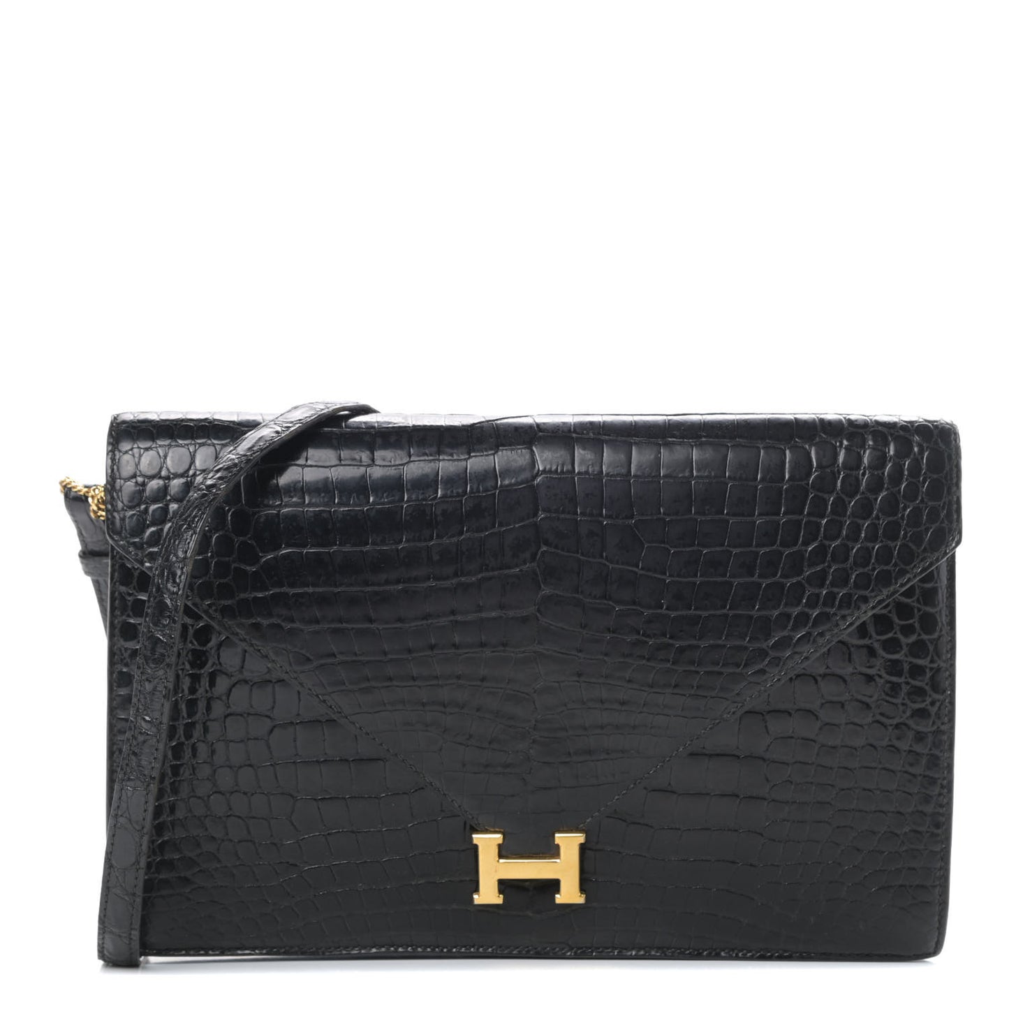 Shiny Porosus Crocodile Lydie Clutch Black