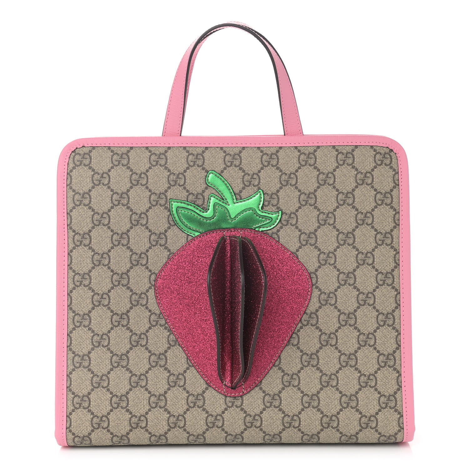 Gucci GG Supreme Monogram 3-D Strawberry Childrens Tote Beige Ebony Lotus Pink Fuxia Emerald 1 of 10