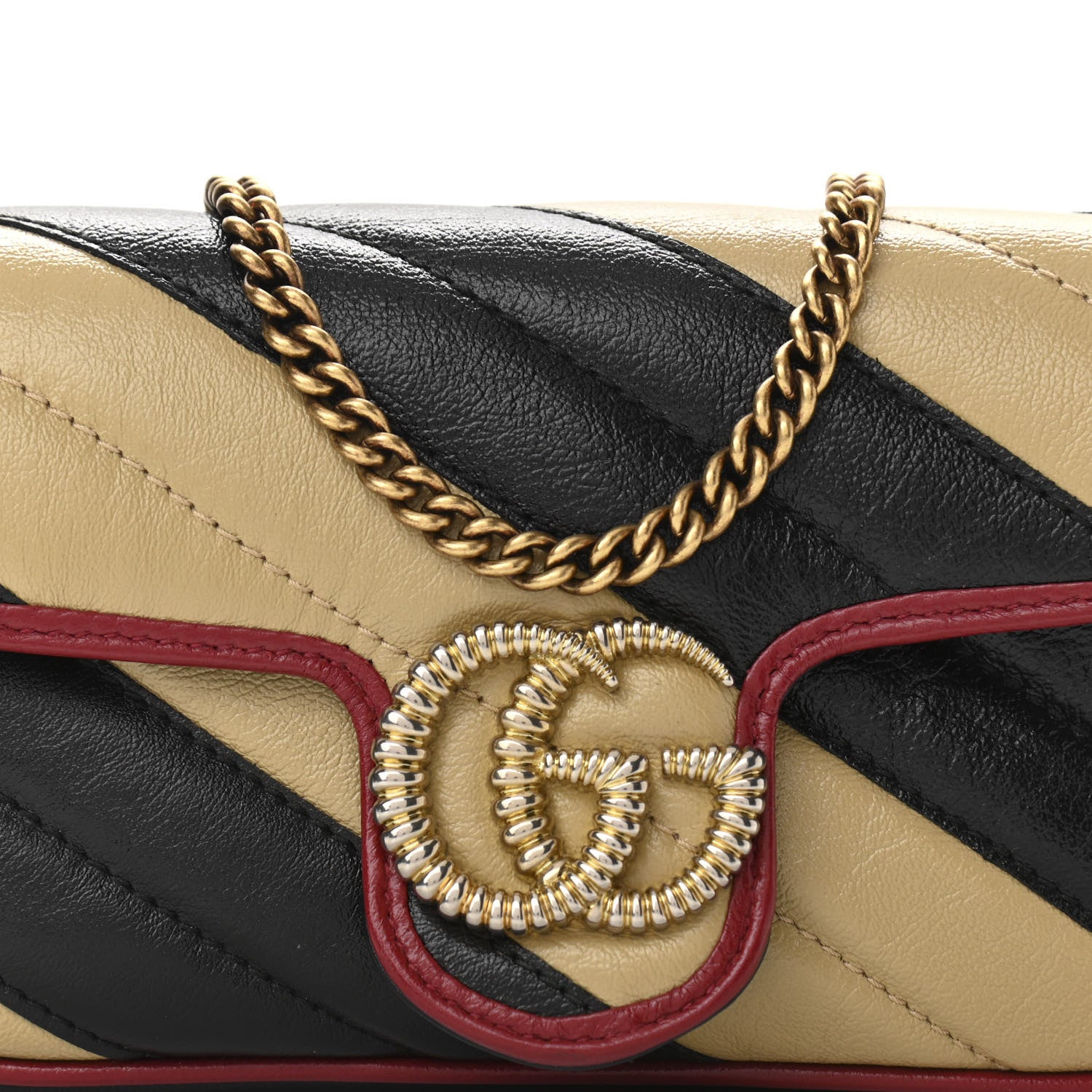 Gucci Vintage Effect Calfskin Matelasse Diagonal Striped Super Mini Torchon GG Marmont Shoulder Bag Black Beige 8 of 10