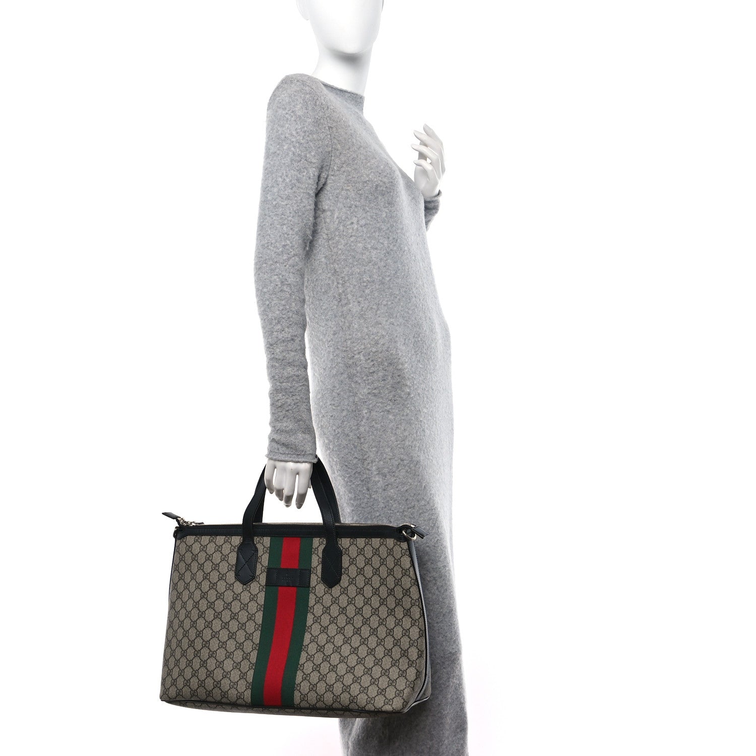 Gucci GG Supreme Monogram Web Medium Zippered Tote Beige Black 2 of 11