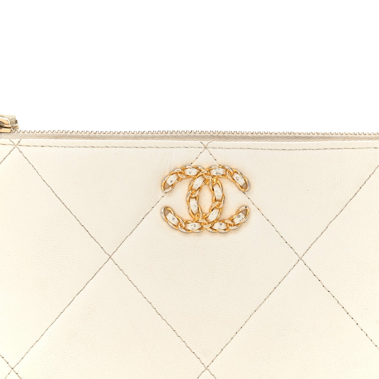 Shiny Goatskin Quilted Chanel 19 Small Pouch With Handle White