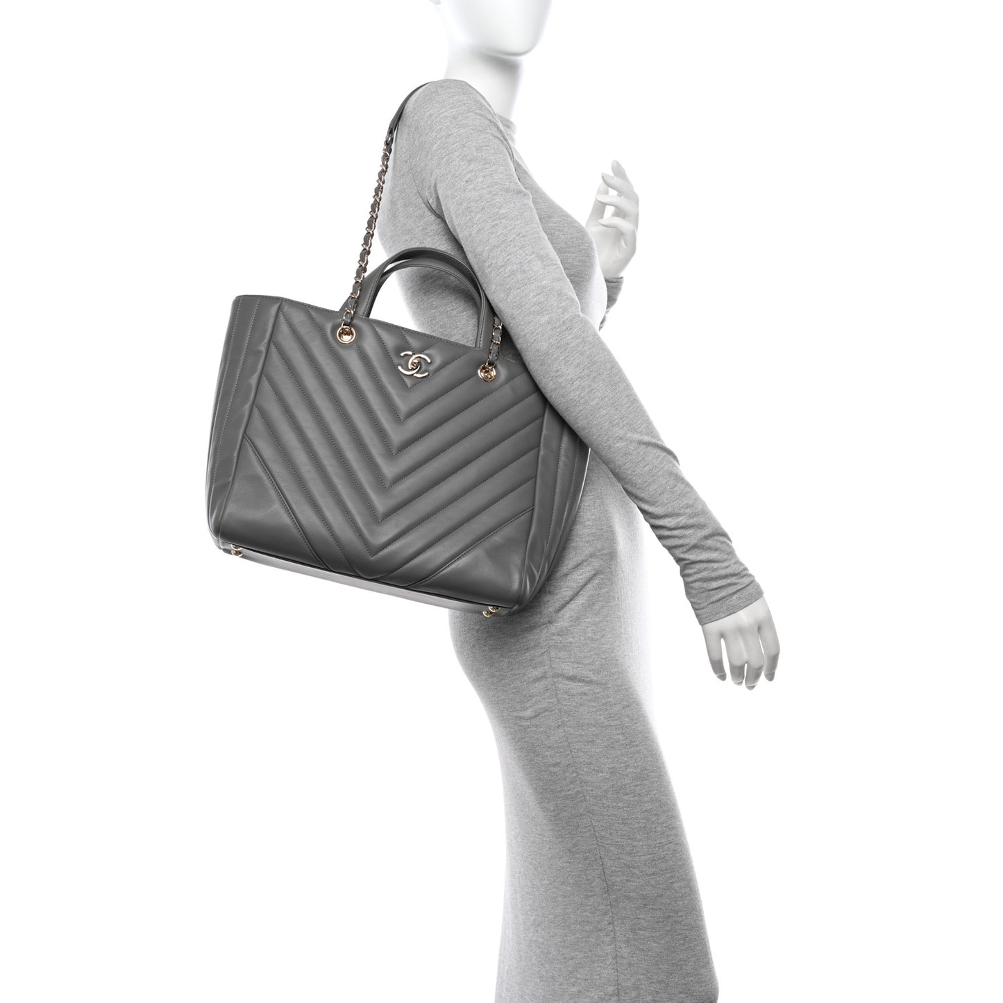 Calfskin Chevron Quilted Statement Shopping Tote Grey