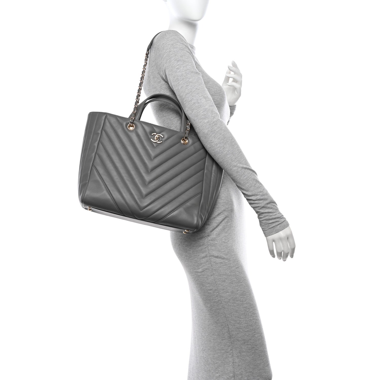 Chanel Calfskin Chevron Quilted Statement Shopping Tote Grey 2 of 12