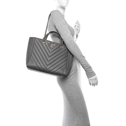 Chanel Calfskin Chevron Quilted Statement Shopping Tote Grey 2 of 12
