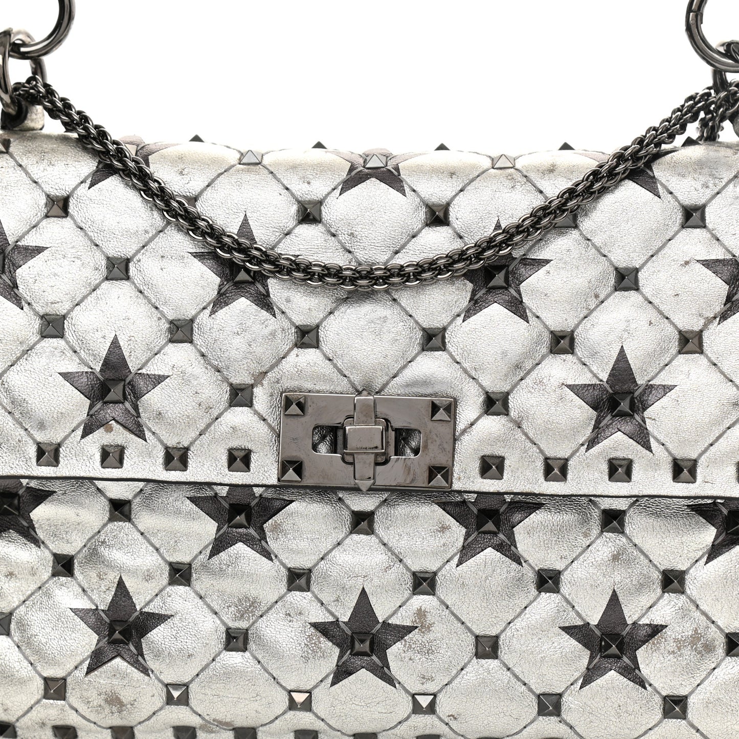 Metallic Lambskin Medium Star Rockstud Spike Shoulder Bag Silver
