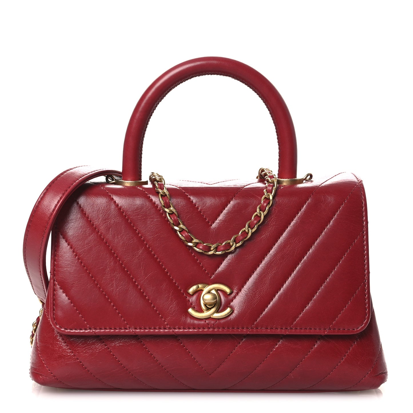 Aged Calfskin Chevron Quilted Mini Coco Handle Flap Red