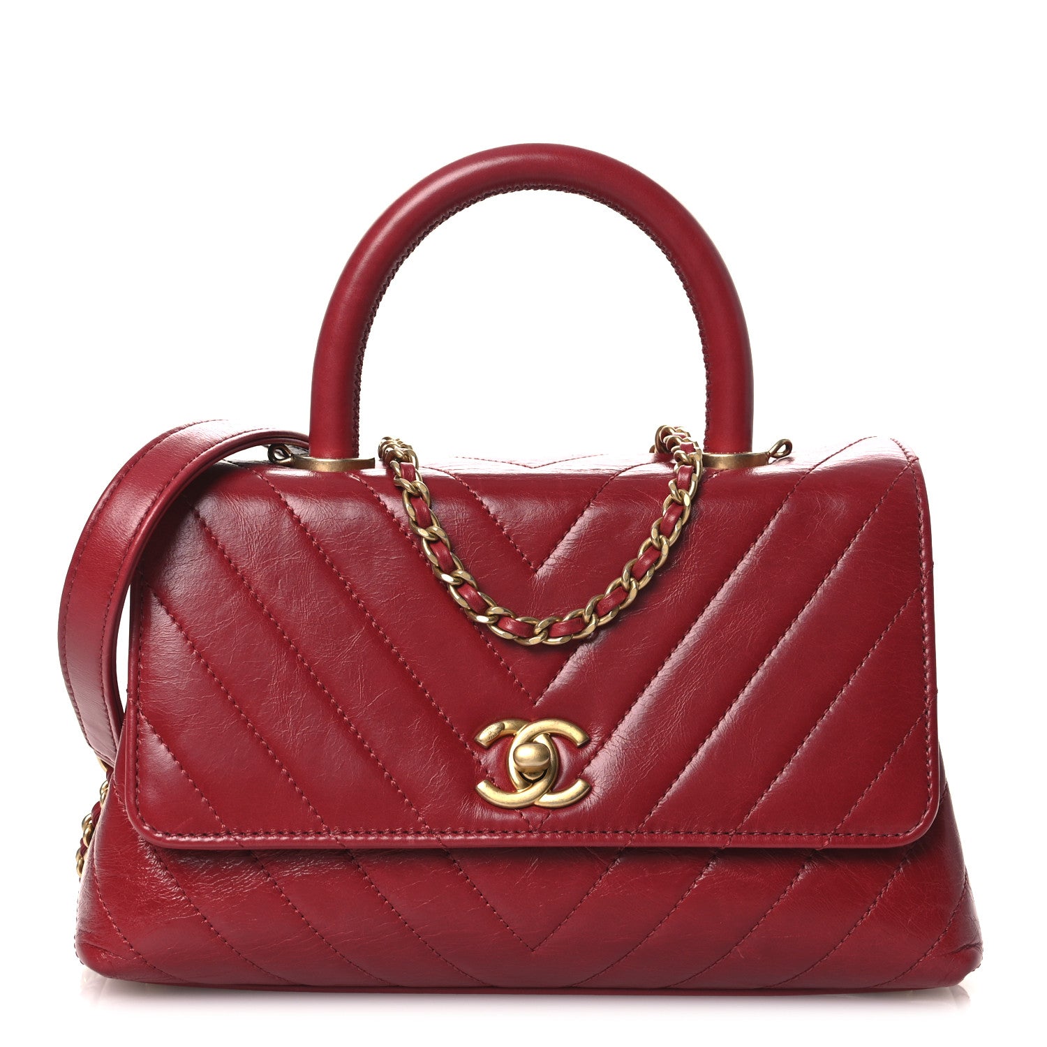 Chanel Aged Calfskin Chevron Quilted Mini Coco Handle Flap Red 1 of 11