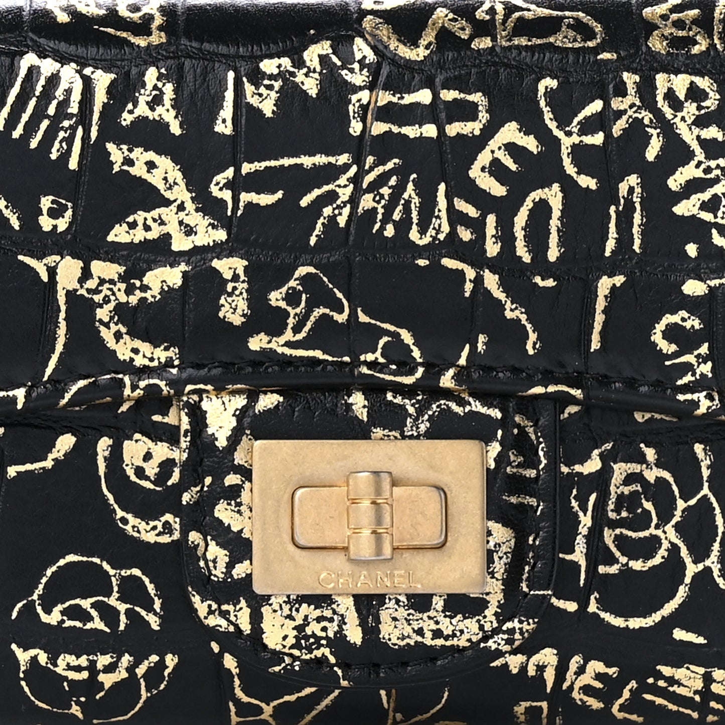 Calfskin Crocodile Embossed Graffiti 2.55 Cocodile Reissue Flap Card Holder Black Gold