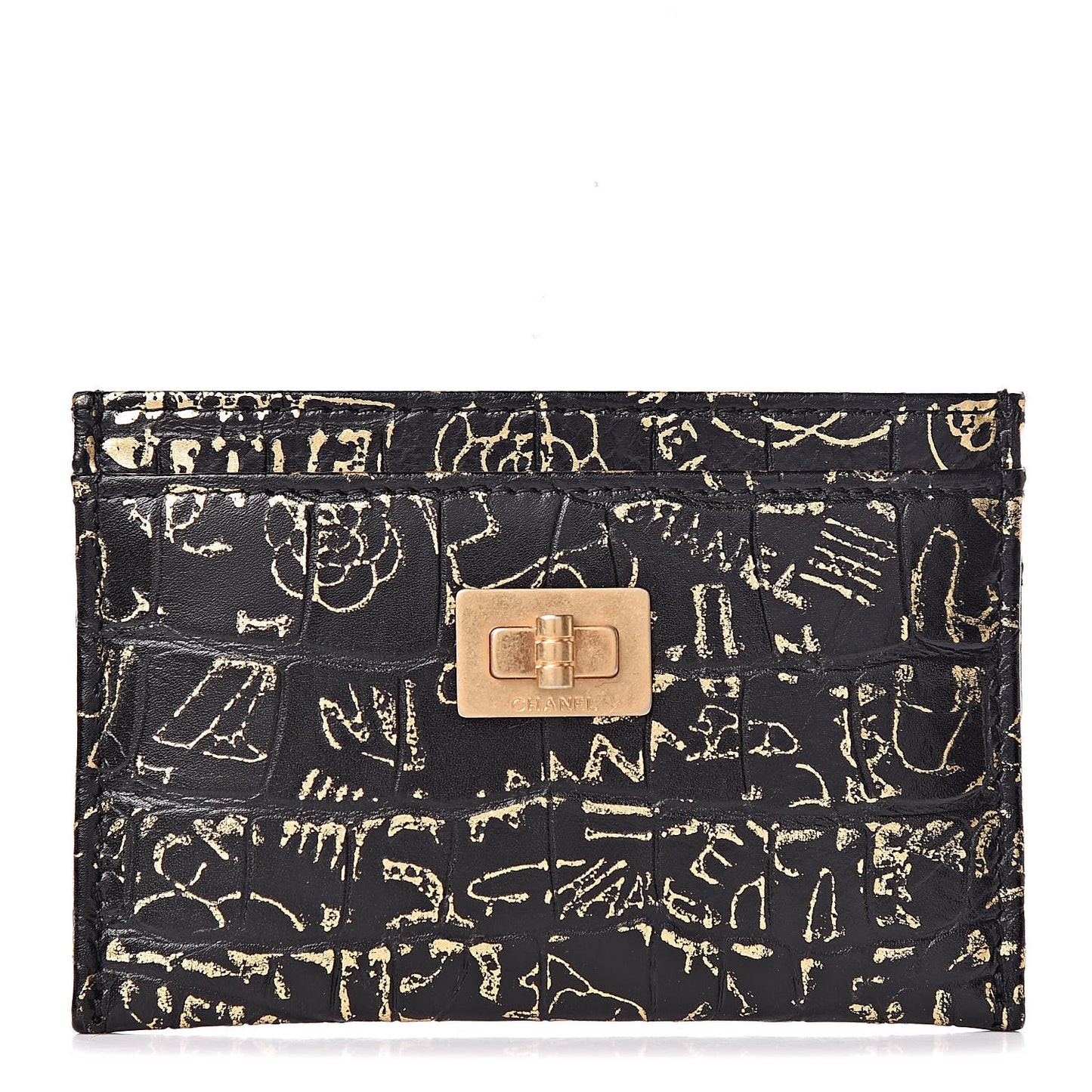 Calfskin Crocodile Embossed Graffiti 2.55 Cocodile Reissue Card Holder Black Gold
