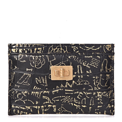Chanel Calfskin Crocodile Embossed Graffiti 2.55 Cocodile Reissue Card Holder Black Gold 1 of 8