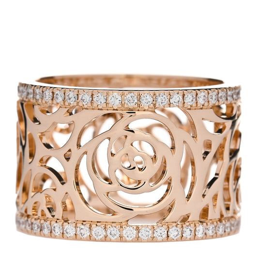 18K Yellow Gold Diamond Camellia Ajoure Band Ring 49 5