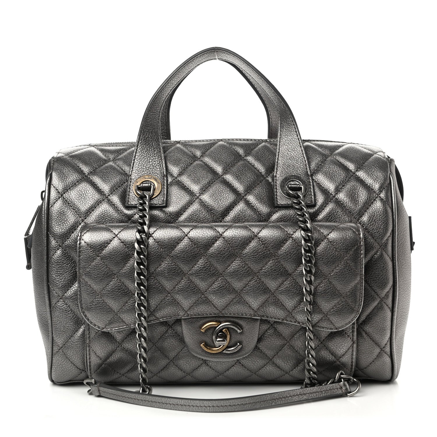 Chanel Metallic Grained Calfskin Quilted Large Casual Pocket Bowling Bag Silver 1 of 10