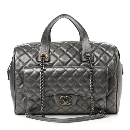 Chanel Metallic Grained Calfskin Quilted Large Casual Pocket Bowling Bag Silver 1 of 10
