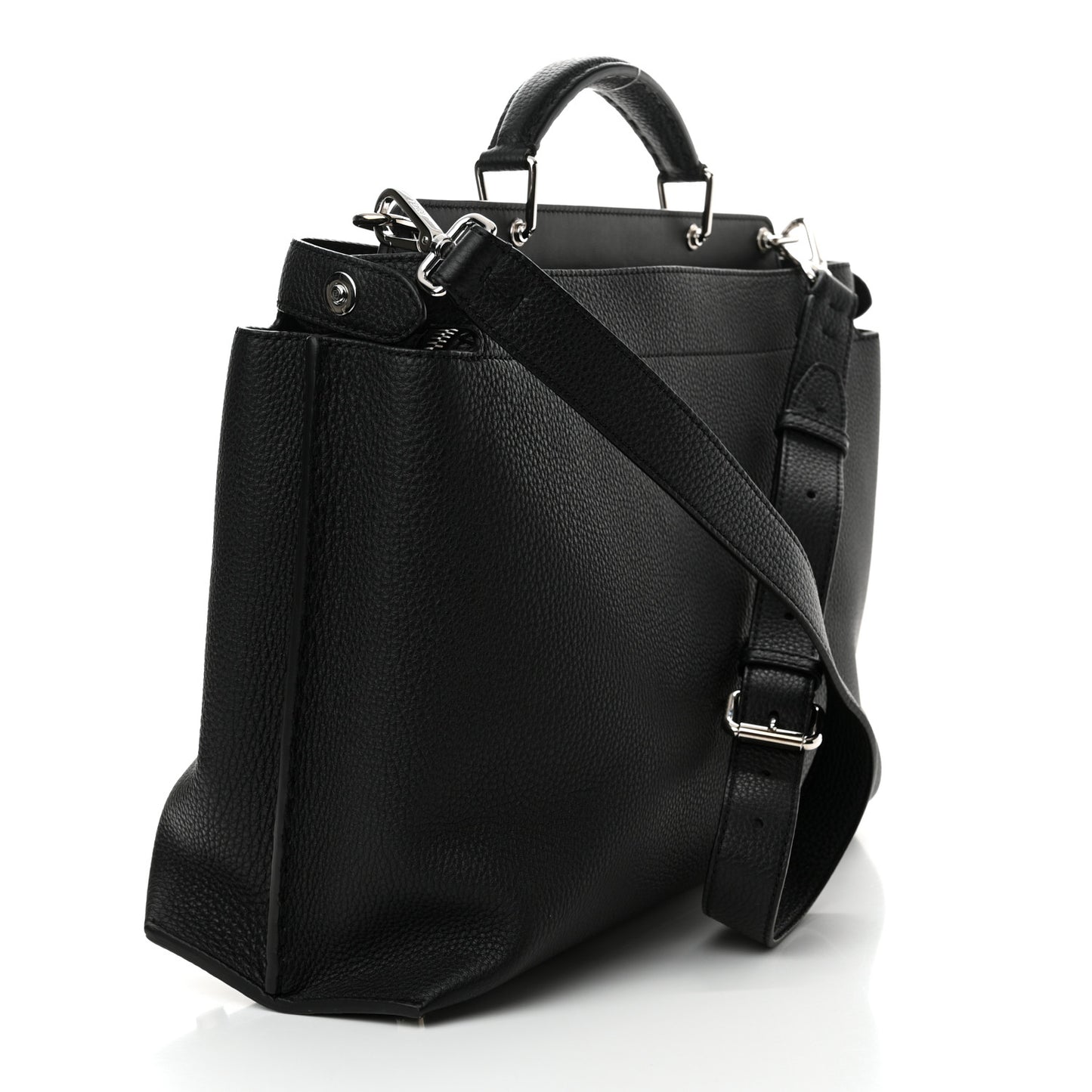 Cuoio Romano Selleria Vitello Grace Glazed Fabric FF 1974 Large Peekaboo Iconic Essential Satchel Black