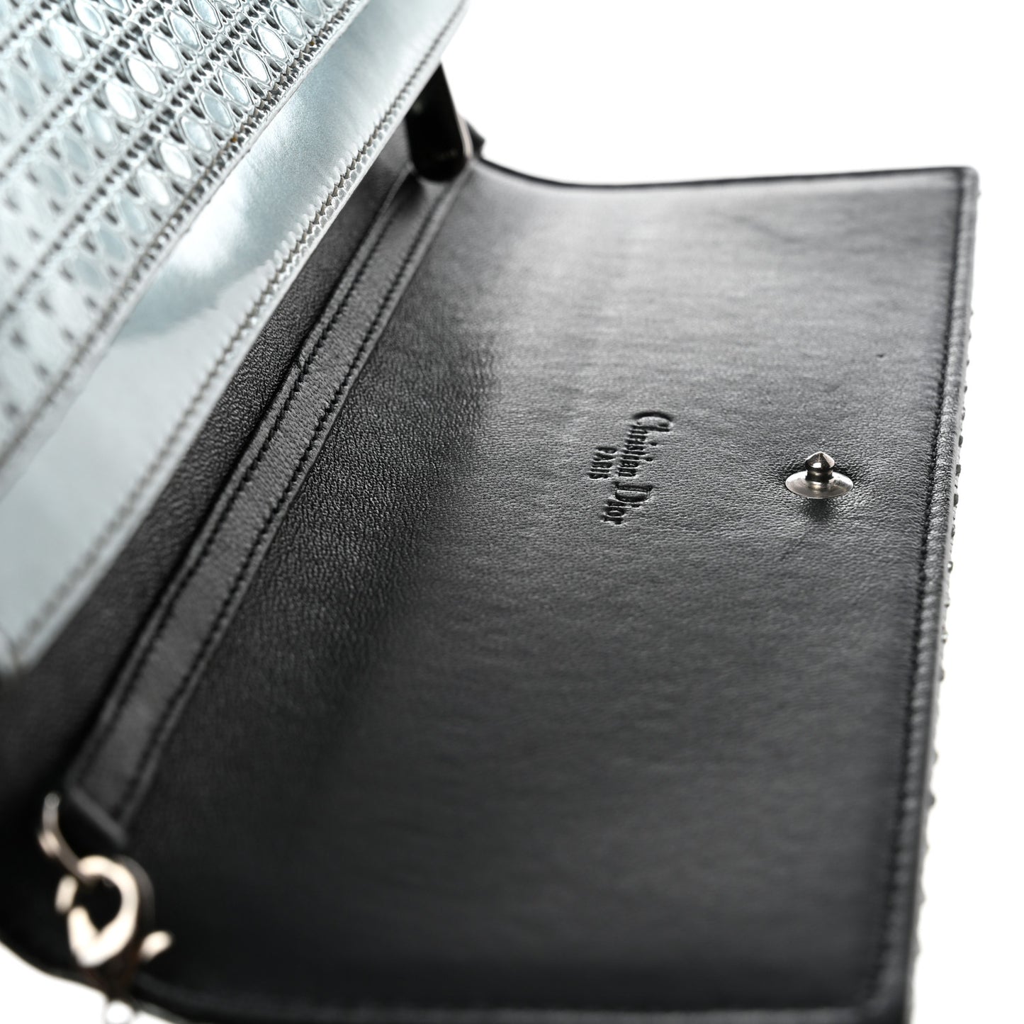 Metallic Calfskin Micro-Cannage Lady Dior Croisiere Chain Wallet Blue