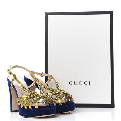 Gucci Velvet Nappa Crystal Zephyra Slingback Platform High Heel Sandals 35.5 Blue Gold 10 of 10