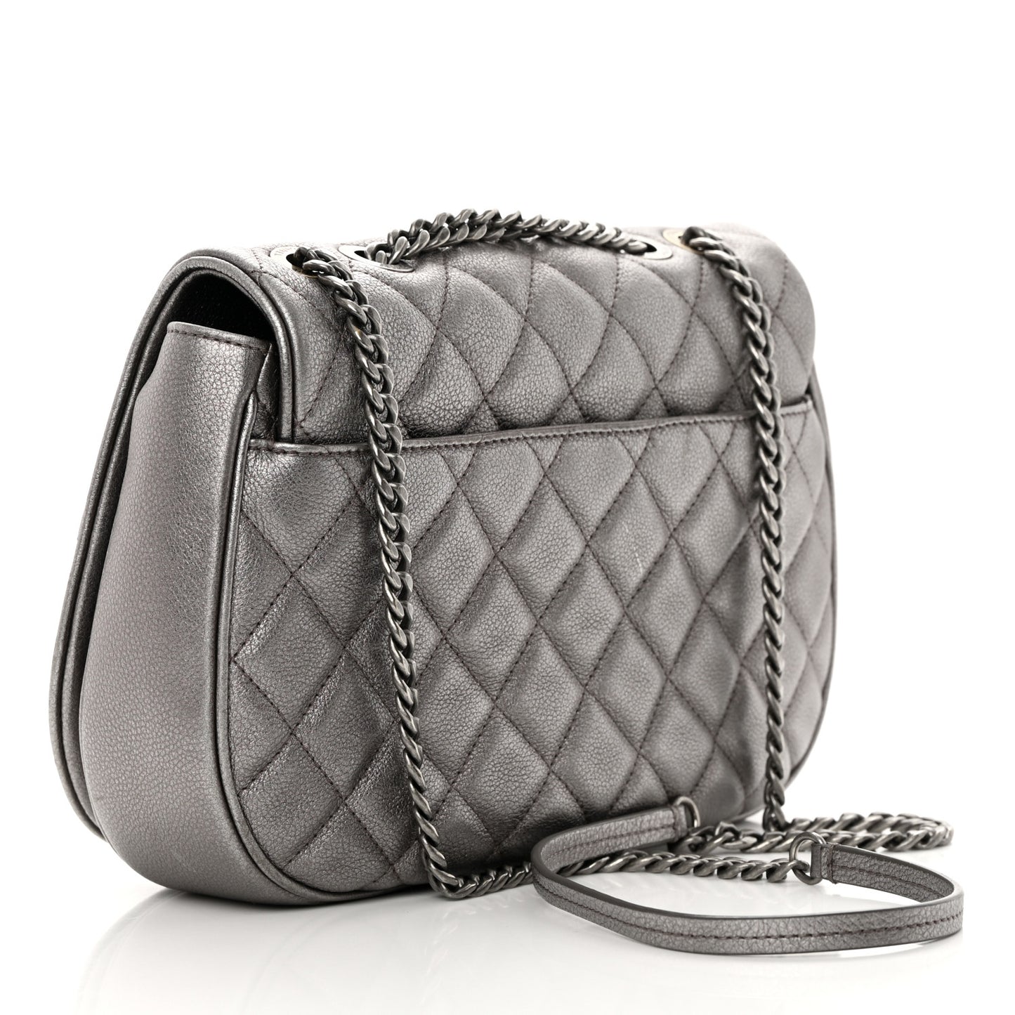 Metallic Calfskin Quilted Casual Pocket Messenger Flap Silver