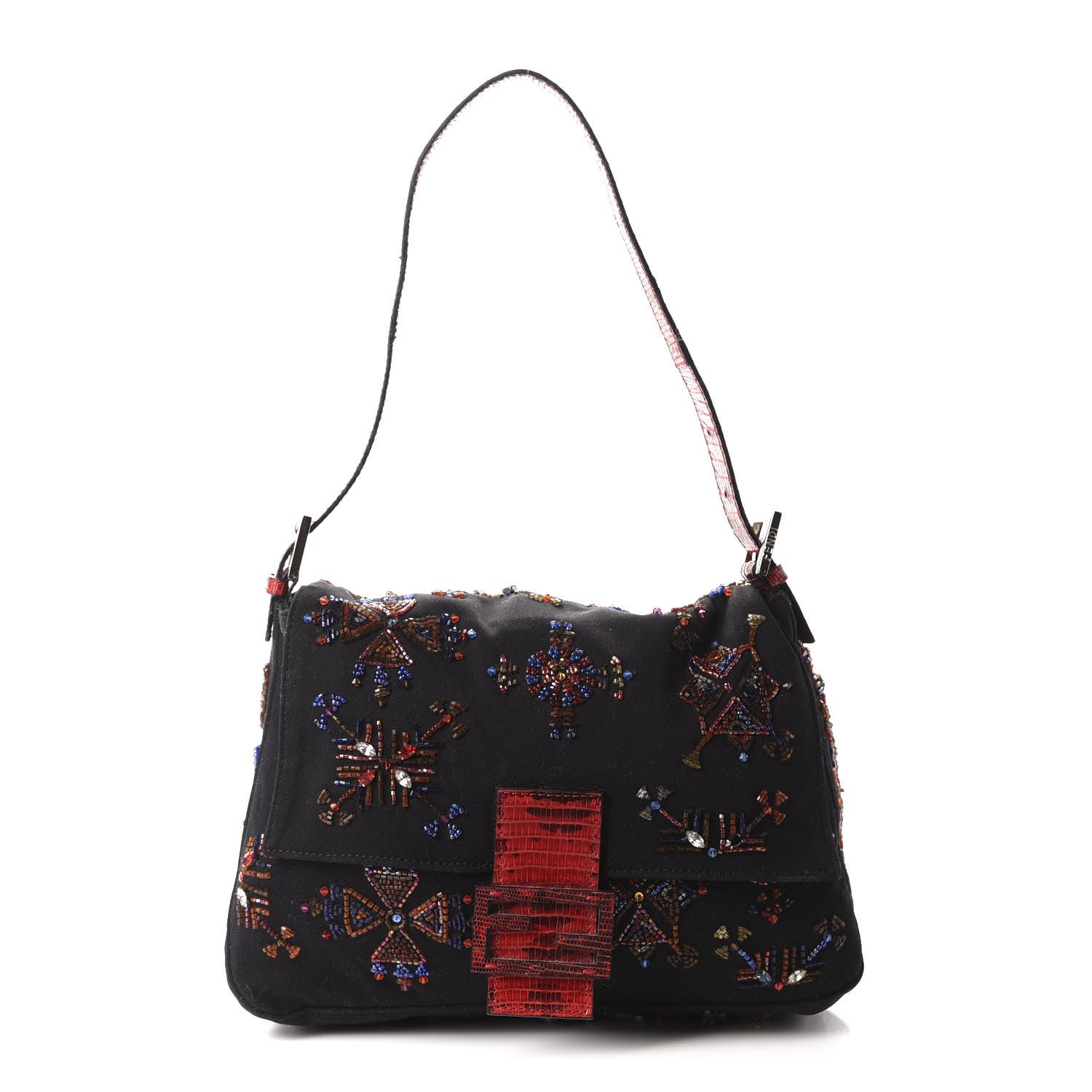 Fendi Neoprene Beaded Lizard Mama Baguette Black Red 1 of 10