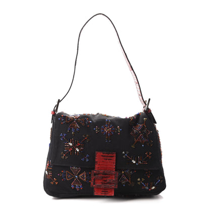 Fendi Neoprene Beaded Lizard Mama Baguette Black Red 1 of 10